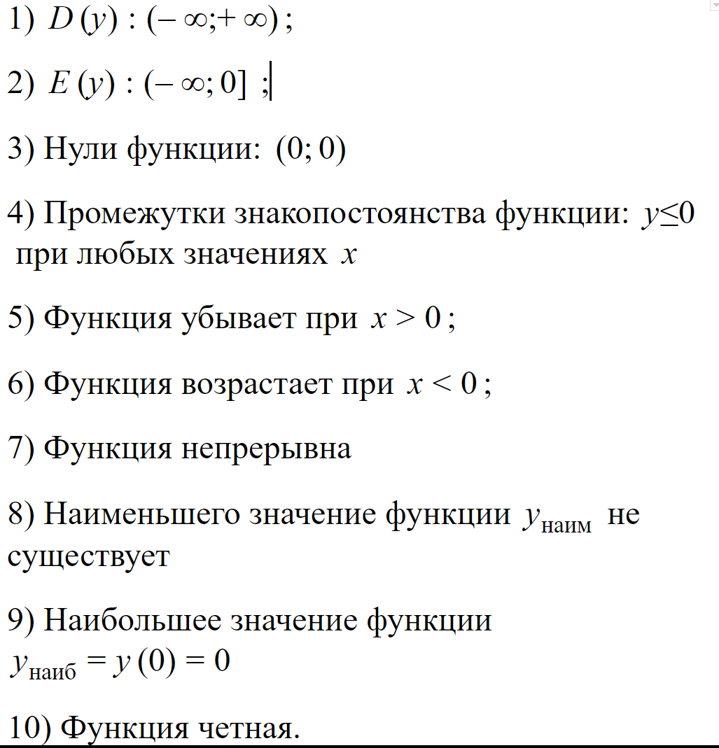 Свойства функции y = kx2 при k < 0