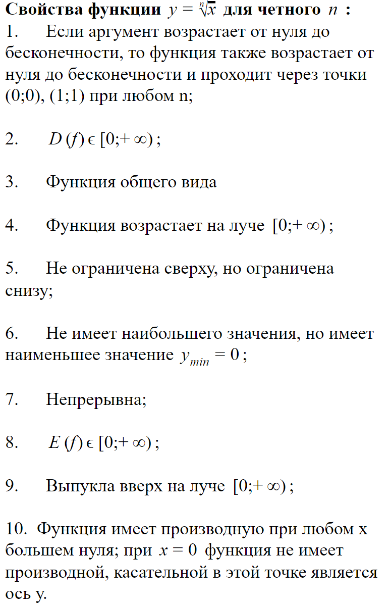 Свойства функции корня n-ой степени от х для чётного n